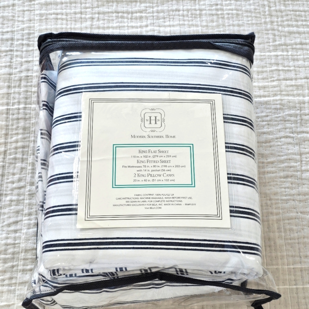 "Modern. Southern. Home." King Size Sheet Set. Navy And White Stripe.